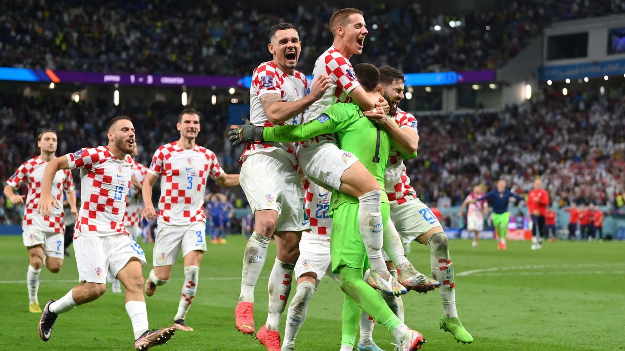 Croatia's players celebrate after winning the penalty shootout against Japan. 