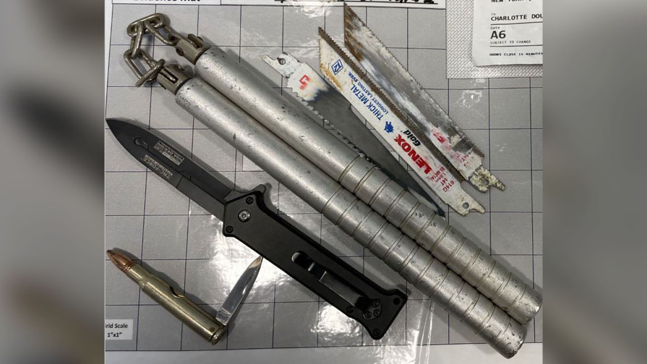 A TSA spokesman tweeted an image of the the weapons -- 3 saw blades, nunchucks, a switchblade and a knife that folds into a bullet-shaped sheath.