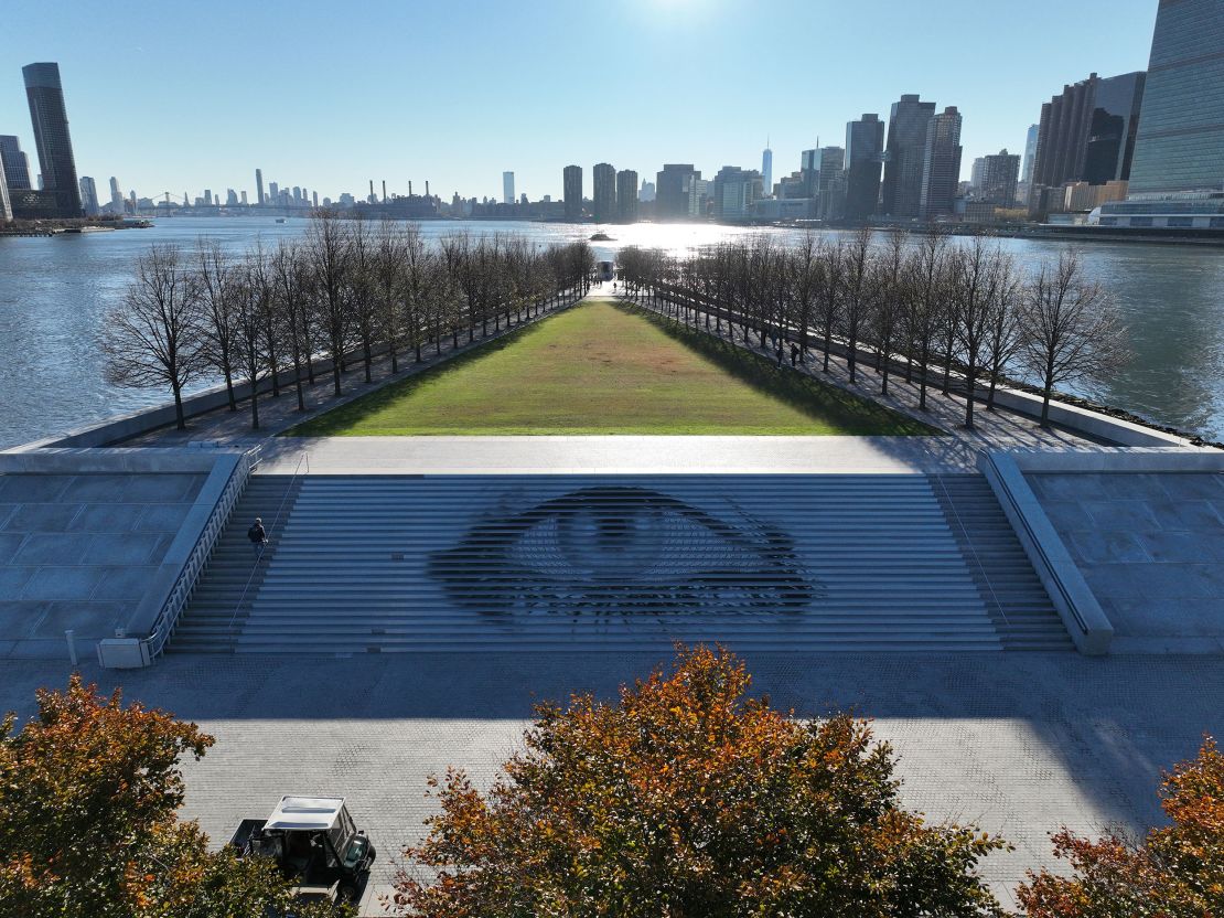 Shirin Neshat's "Offered Eyes, 1993" is seen on steps at Franklin D. Roosevelt Four Freedoms State Park.