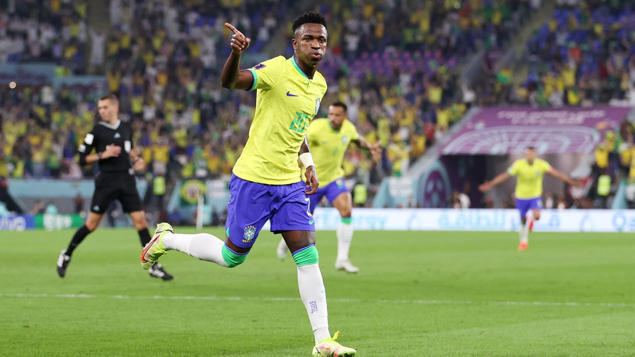Vinicius Jr of Brazil celebrates after breaking the deadlock just six minutes into the match.