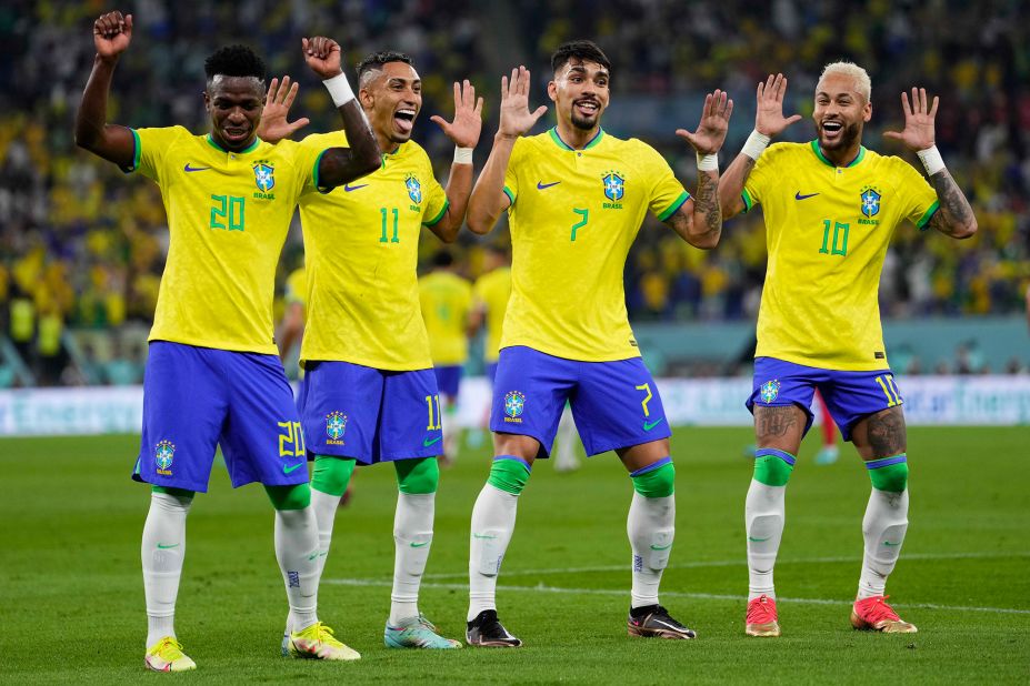 From left, Vinicius Junior, Raphinha, Lucas Paqueta and Neymar celebrate after one of Brazil's four first-half goals.