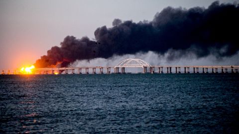 The Kerch Bridge pictured after the explosion on October 8.