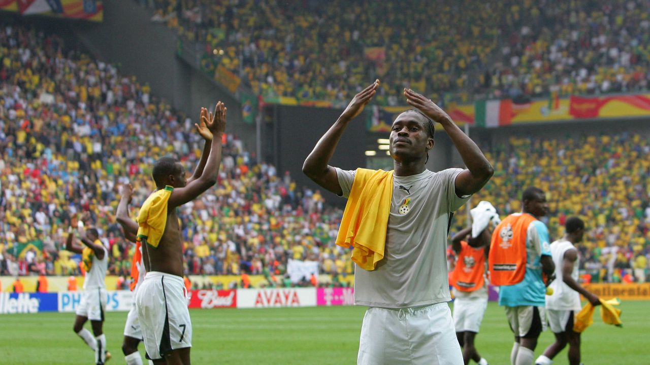 Derek Boateng thanks supporters after Ghana's World Cup round of 16 match against Brazil in Dortmund, Germany, in June 2006.