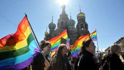 Gay rights activists march in Russia's second city of St. Petersburg May 1, 2013, during their rally against a controversial law in the city that activists see as violating the rights of gays. AFP PHOTO / OLGA MALTSEVA (Photo by OLGA MALTSEVA / AFP) (Photo by OLGA MALTSEVA/AFP via Getty Images)