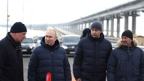Russian President Vladimir Putin pictured on the Kerch Bridge on Monday.