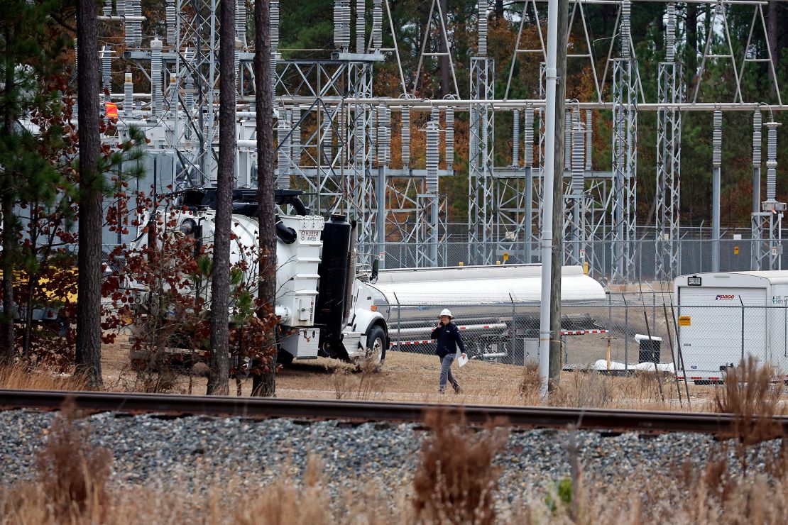 Work continues Monday at one of the damaged power substations in central North Carolina.