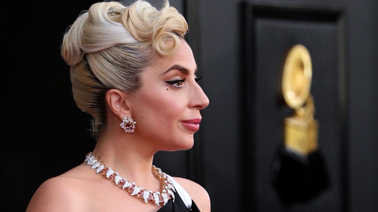 Lady Gaga on the red carpet at the 64th Annual Grammy Awards at the MGM Grand Garden Arena in Las Vegas on April 3, 2022.