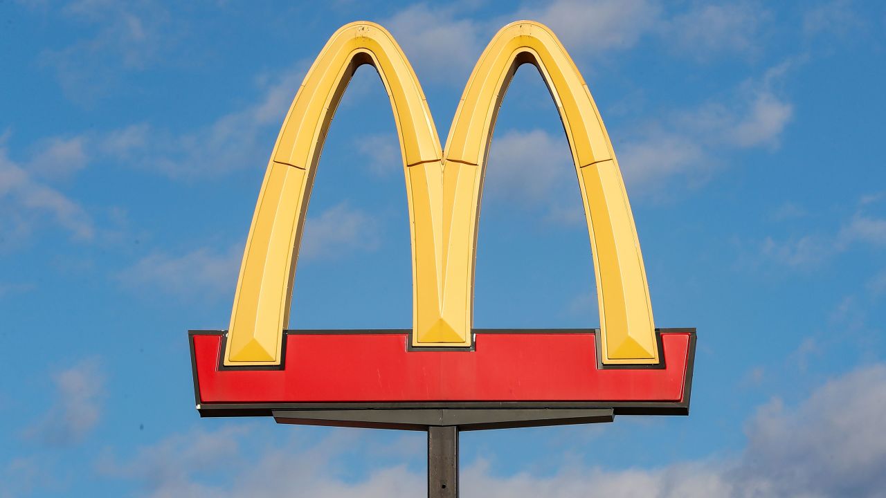 A view of a McDonald's food restaurant logo sign in Pennsylvania.