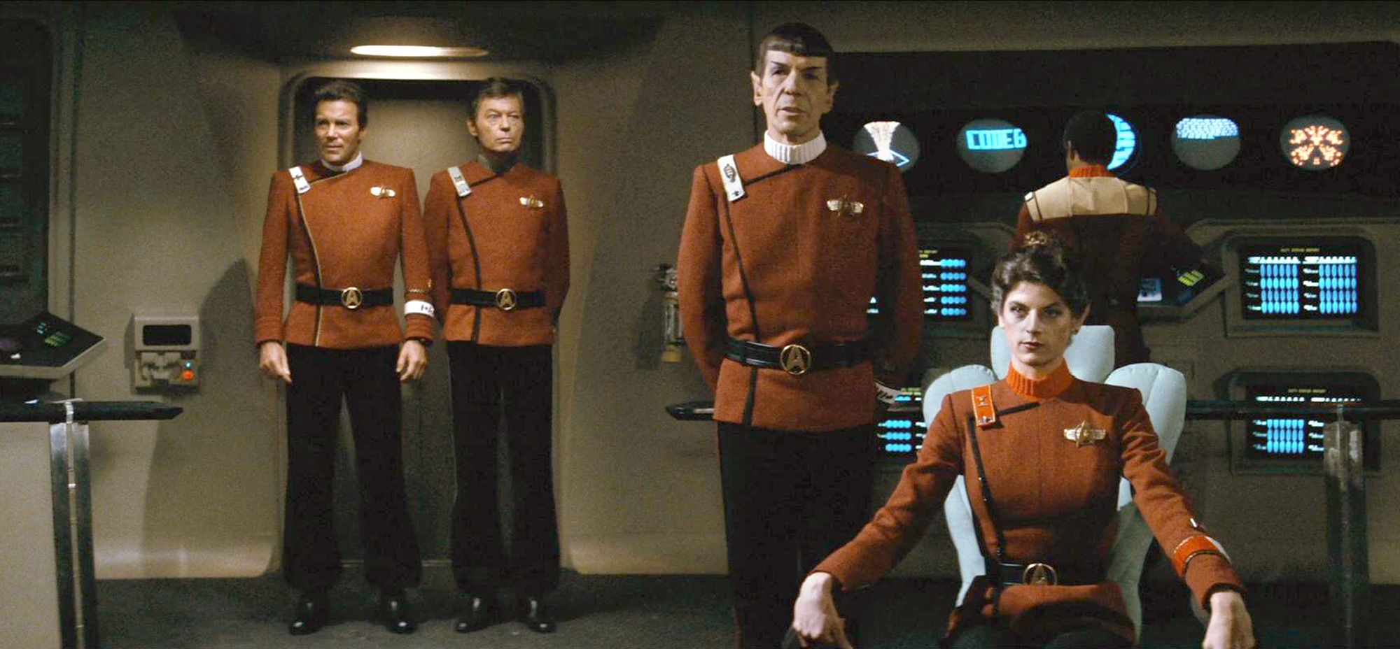 From right, Alley appears alongside Leonard Nemoy, DeForest Kelley and William Shatner in the movie 'Star Trek II: The Wrath of Khan.' The role marked Alley's feature film debut.