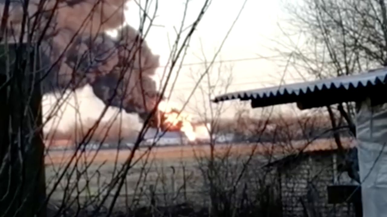 An image from Russian media showing the aftermath of a strike on an oil tanker at Kursk airfield.