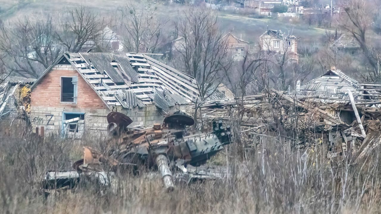 Homes and buildings in Kam'yanka, a village 3.5 hours south of Kyiv, have been destroyed by Russian shelling. A burnt-out Russian tank remains, as do land mines. 
