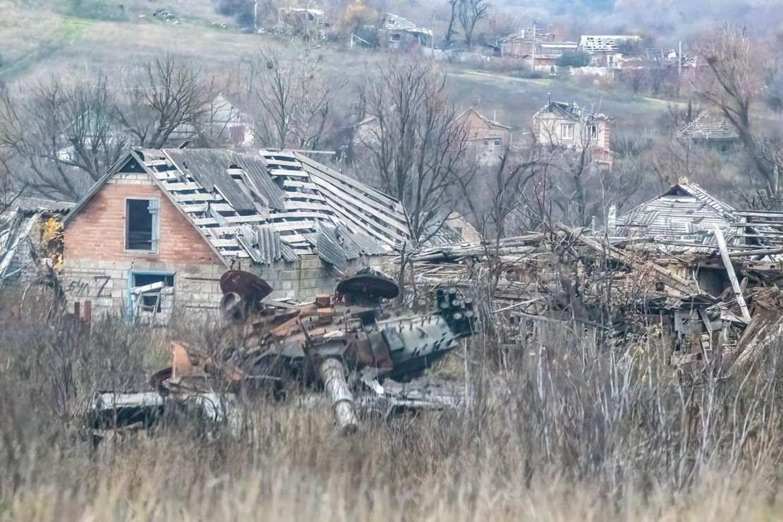 Homes and buildings in Kam'yanka, a village 3.5 hours south of Kyiv, have been destroyed by Russian shelling. A burnt-out Russian tank remains, as do land mines. 