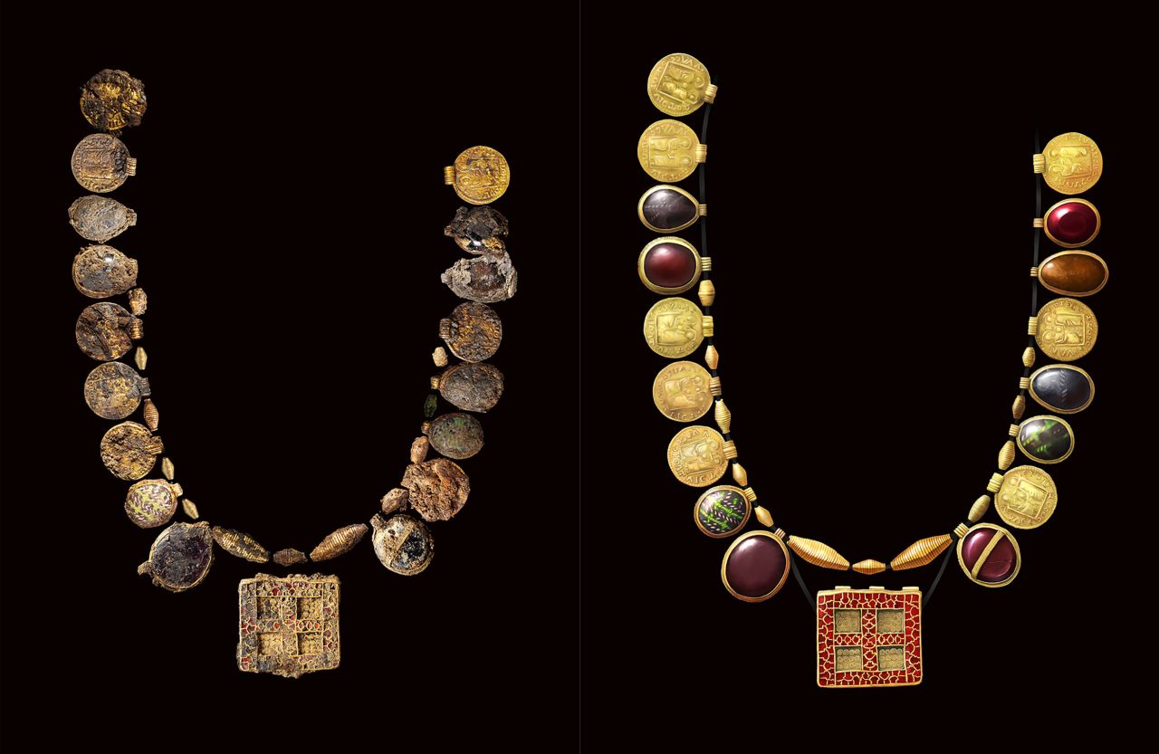 The ornate gold necklace (left) is the centerpiece of the Harpole Treasure, found in central England by researchers at the Museum of London Archaeology. The artifact is shown with its reconstruction. 