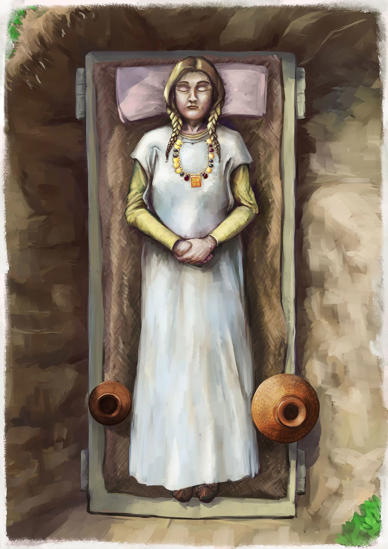 An artist's reconstruction depicts what researchers believe is the burial site of an elite Angle-Saxon woman in Harpole, a local parish in England's Northamptonshire county.