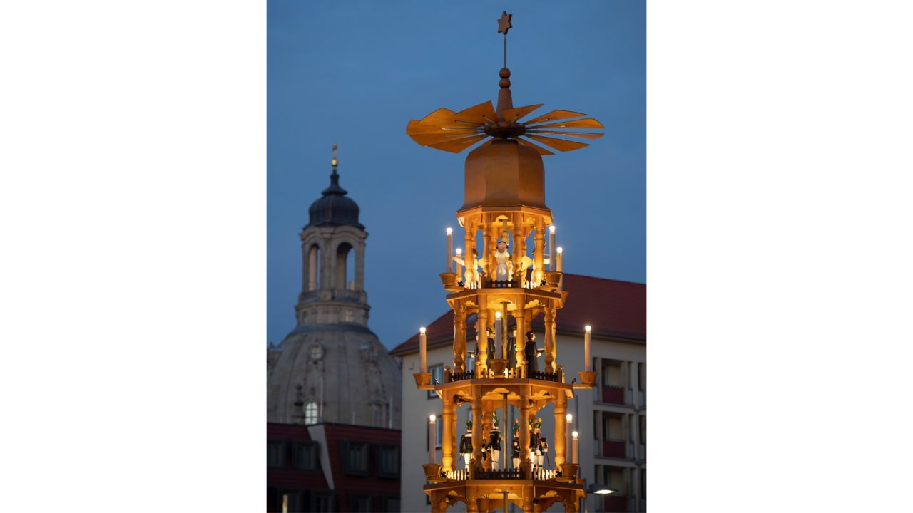 <strong>Christmas pyramid: </strong>Striezelmarkt's centerpiece is a giant Weihnachtspyramide or Christmas pyramid -- a tiered wooden tower filled with Christmas figures.