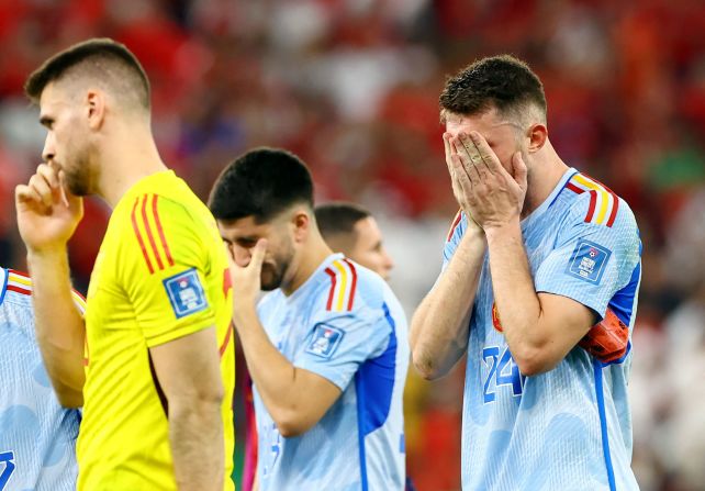 Spain's Aymeric Laporte reacts after the loss to Morocco.