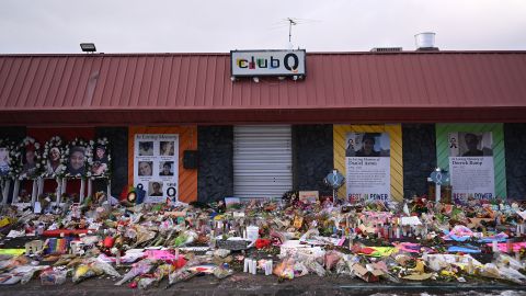 A memorial for the victims of the shooting at Club Q is seen outside the club in Colorado Springs, Colorado, on Tuesday, November 29, 2022.