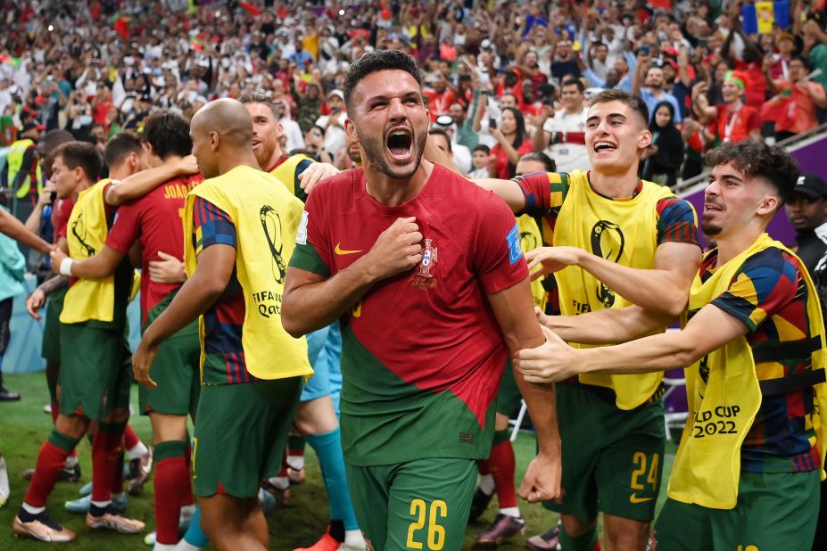 Gonçalo Ramos celebrates his first of three goals in Portugal's 6-1 thrashing of Switzerland on December 6. The win booked Portugal's spot in the quarterfinals.