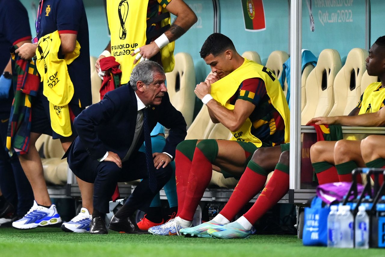 Portugal manager Fernando Santos speaks with Cristiano Ronaldo before bringing him off the bench against Switzerland. Ronaldo started the first three group-stage games but was replaced by Ramos for the round-of-16 clash.
