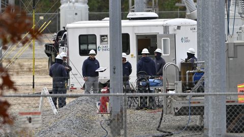 A crew works on a damaged substation in Carthage, North Carolina, on Monday.