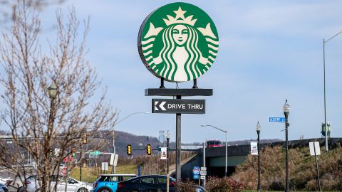 WILLIAMSPORT, PENNSYLVANIA, UNITED STATES - 2022/11/21: A large sign with the Starbucks logo is seen at its coffeehouse in Williamsport.