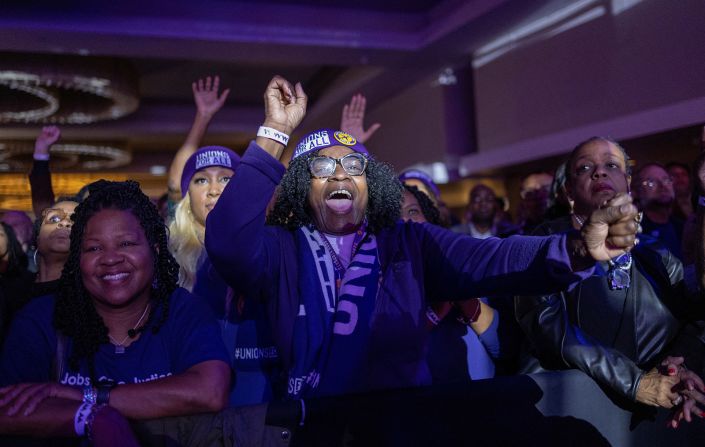 Supporters of US Sen. Raphael Warnock react during his election night party in Atlanta on Tuesday, December 6. Warnock will win Georgia's runoff election, CNN projects, defeating Republican challenger Herschel Walker.