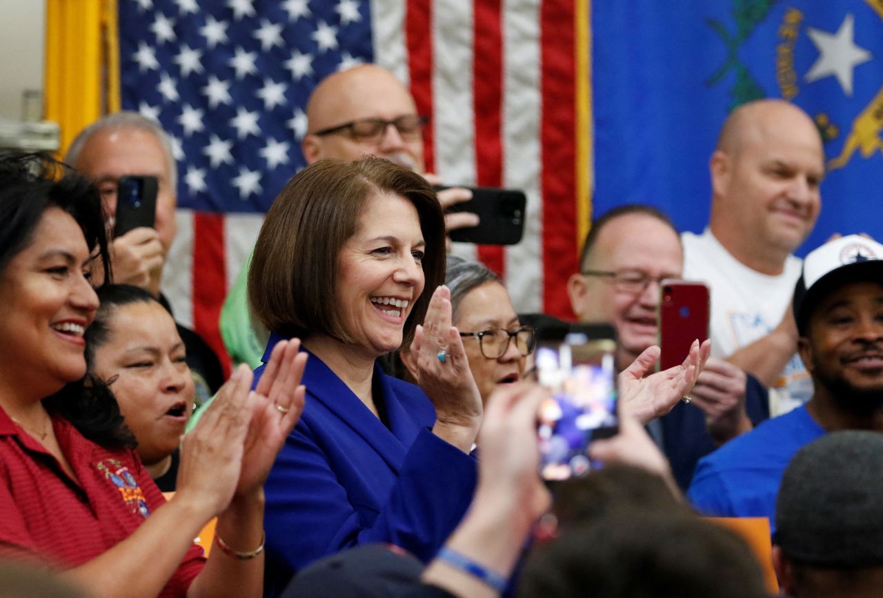 US Sen. Catherine Cortez Masto, surrounded by supporters from local unions, celebrates her reelection at a news conference in Las Vegas on November 13. <a href="https://www.cnn.com/2022/11/12/politics/catherine-cortez-masto-nevada-senate" target="_blank">Her projected win</a> meant that the Democratic Party would maintain control of the Senate.