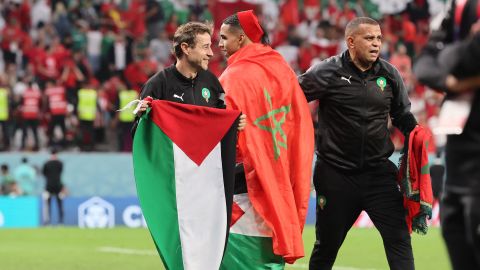The Moroccan team displayed a Palestinian flag after defeating Spain at the World Cup. 