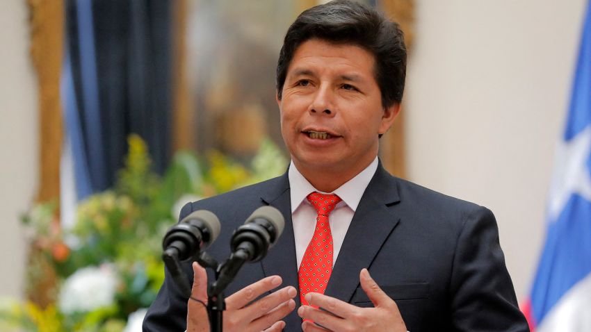 Peru's President Pedro Castillo speaks during a press conference with his Chilean counterpart Gabriel Boric (out of frame) at La Moneda presidential palace in Santiago, on November 29, 2022, during his visit to Chile.