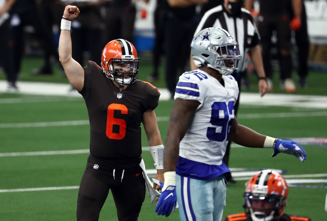 Mayfield celebrates a Cleveland Browns touchdown against the Dallas Cowboys in the second quarter at AT&T Stadium on October 4, 2020. The Browns would eventually win 49-38.
