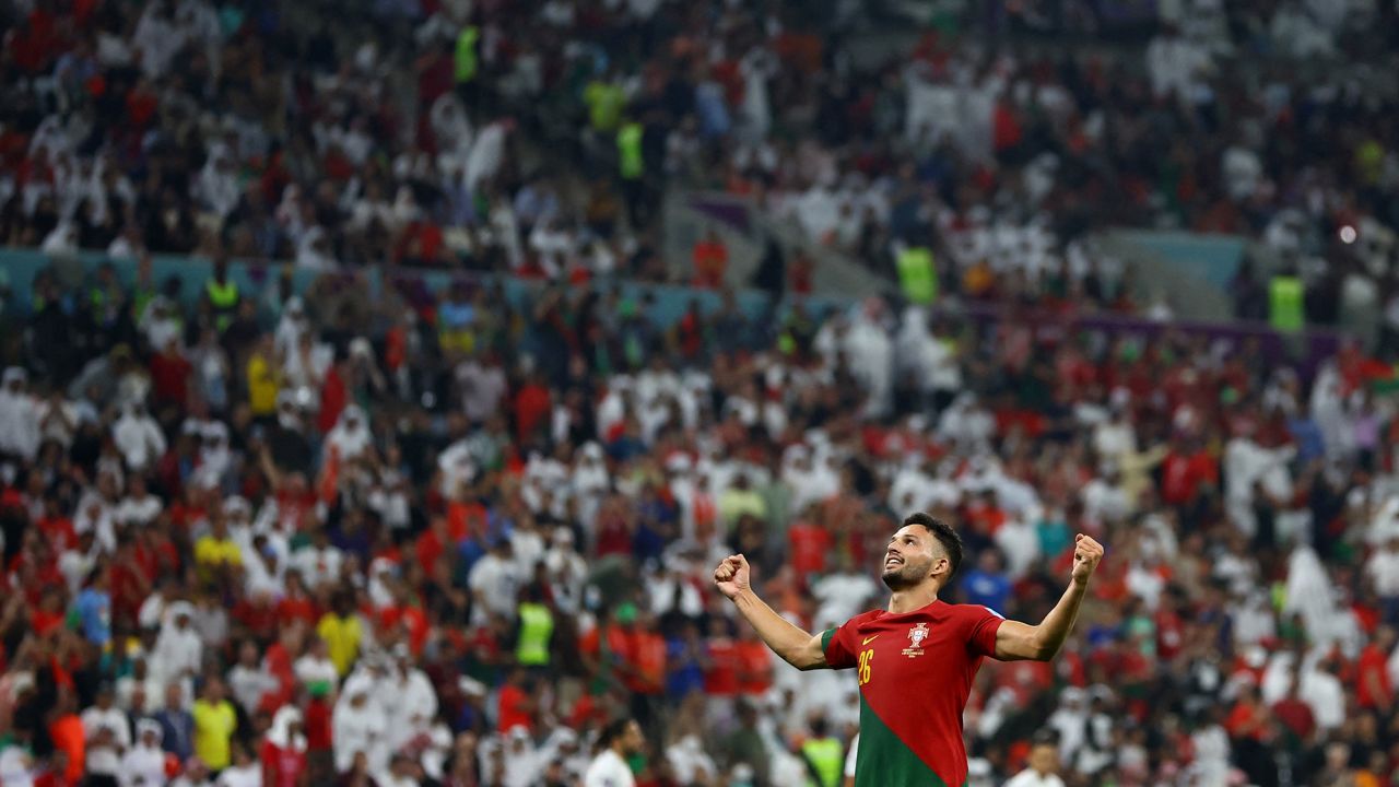 Gonçalo Ramos celebrates scoring Portugal's fifth goal against Switzerland. 