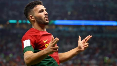 Ramos celebrates scoring Portugal's fifth goal and his hattrick goal against Switzerland. 