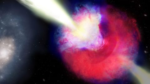An artist's illustration of GRB 211211A shows the kilonova and gamma-ray burst (right) and ejected material from the explosion (left).