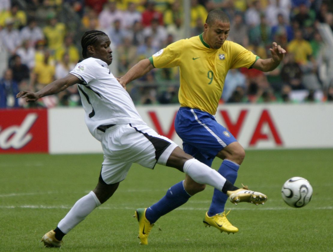Boateng tackles legendary Brazilian forward Ronaldo at the 2006 World Cup. Ghana were eliminated after a 3-0 defeat.