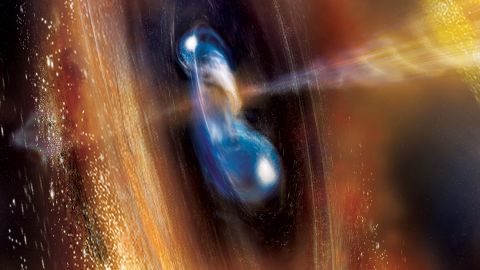 Această ilustrație arată două stele neutronice în timp ce încep să se îmbine.
