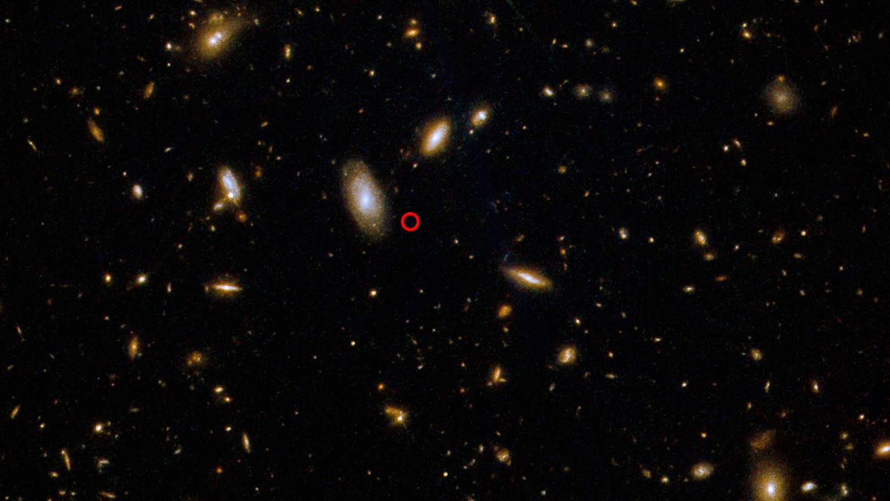The Hubble Space Telescope took this image of the gamma-ray burst's location, circled in red.