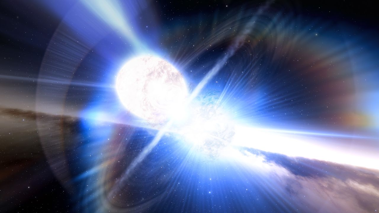 An artist's illustration shows a kilonova produced by two colliding neutron stars. 