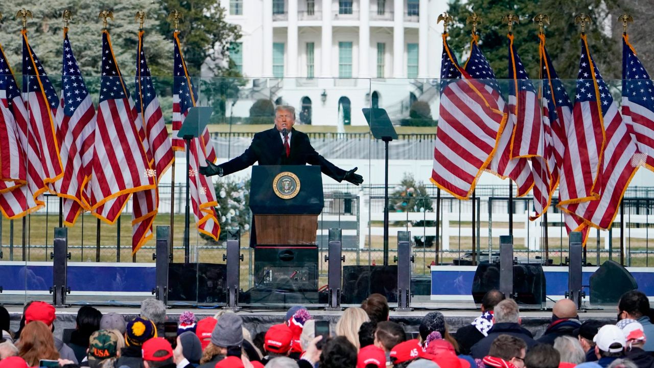 With the White House in the background, then-President Donald Trump speaks at a "Stop The Steal" rally on January 06, 2021, in Washington, DC.