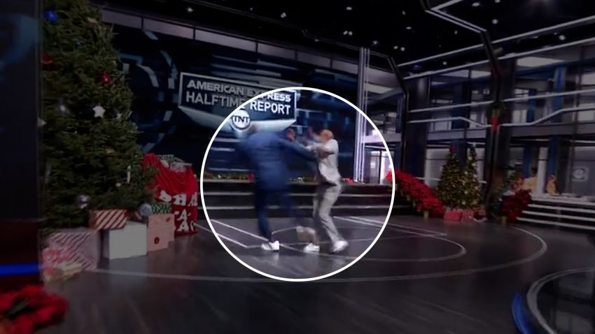 shaq pushed into christmas tree