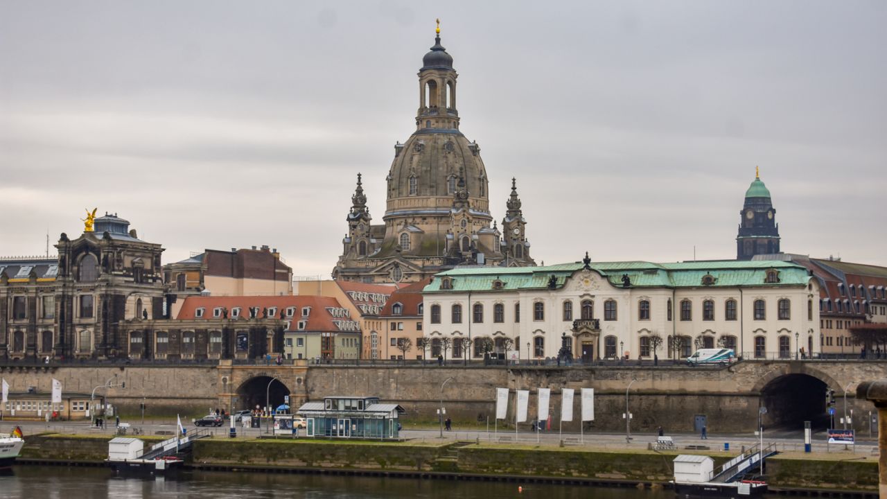 Dresden's Frauenkirche stands over the city's skyline.