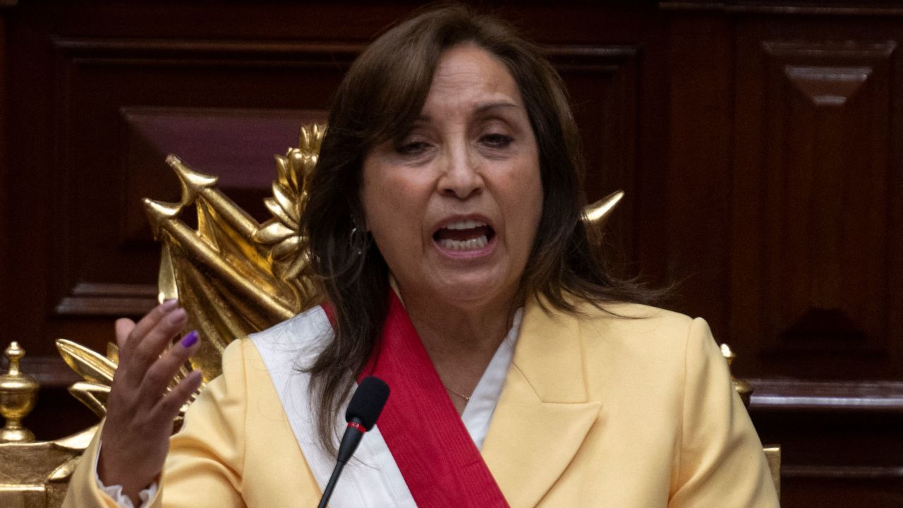 Peruvian Dina Boluarte delivers a speech before swearing in as the new President hours after former President Pedro Castillo was impeached in Lima, on December 7, 2022. - Peru's Pedro Castillo was impeached and replaced as president by his deputy on Wednesday in a dizzying series of events in the country that has long been prone to political upheaval. Dina Boluarte, a 60-year-old lawyer, was sworn in as Peru's first female president just hours after Castillo tried to wrest control of the legislature in a move criticised as an attempted coup. (Photo by Cris BOURONCLE / AFP) (Photo by CRIS BOURONCLE/AFP via Getty Images)