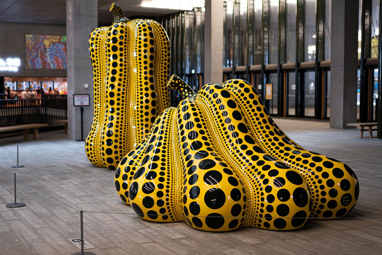 Polka dot pumpkins located at the museum entrance.
