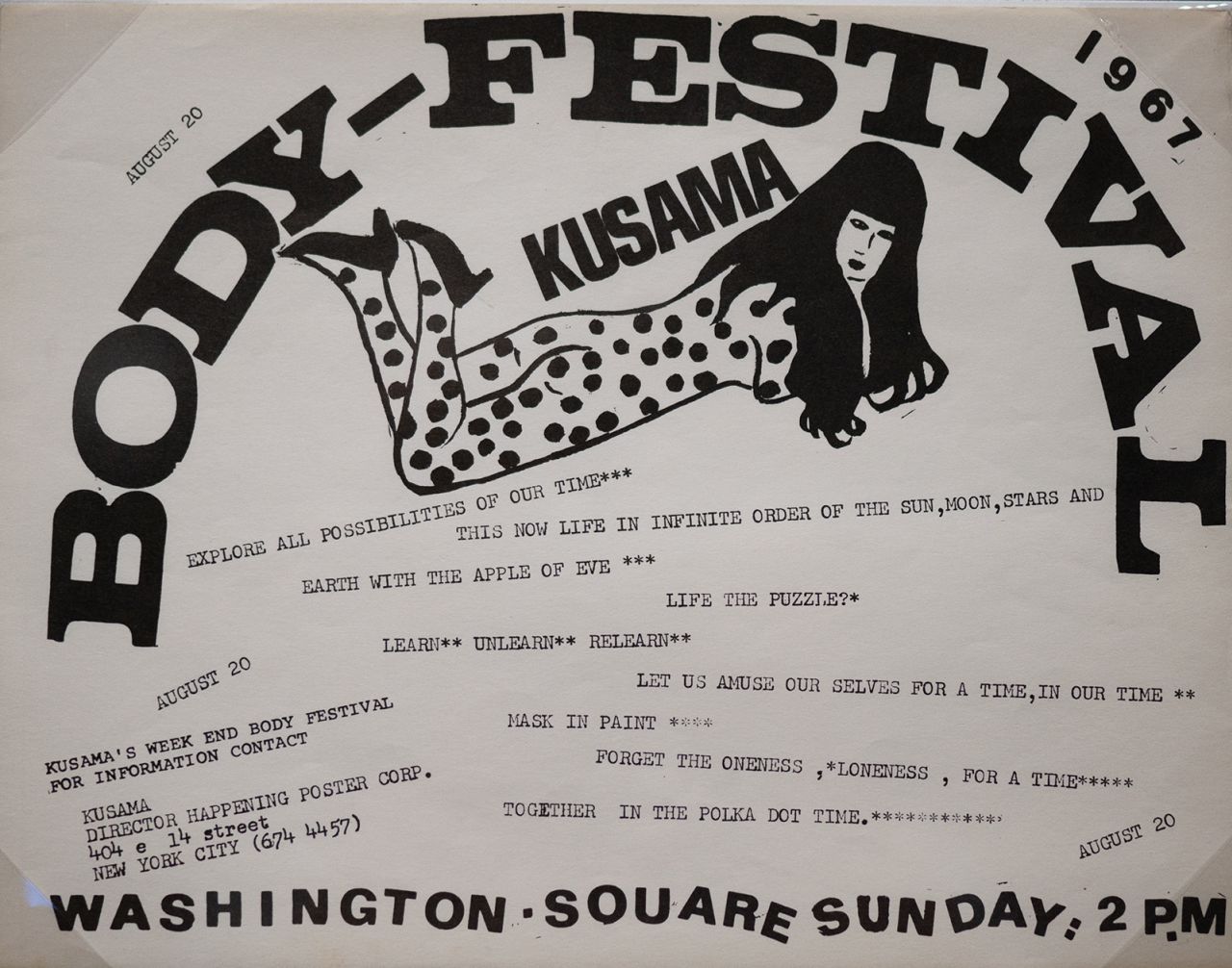 The exhibition includes archival footage and old marketing materials of Yayoi Kusama's "happenings" or performances in the late 60s and 70s. 