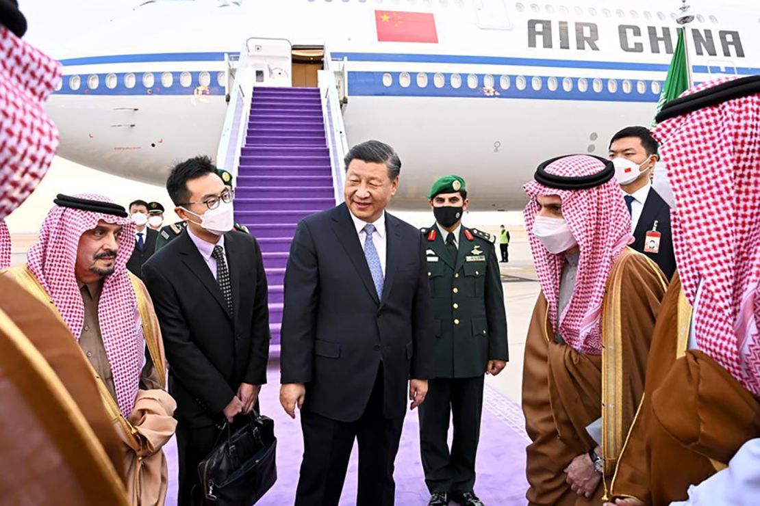 Chinese leader Xi Jinping is welcomed by Emir of Riyadh Faisal bin Bende bin Abdulaziz and Saudi Arabian Foreign Minister Faisal bin Farhan at King Khalid International Airport in Riyadh, Saudi Arabia on December 7, 2022.