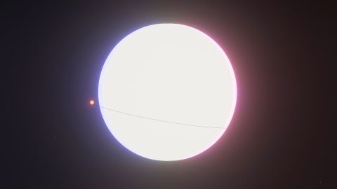 An illustration shows how closely the planet Janssen (left), shown as an orange dot, orbits its parent star Copernicus. 