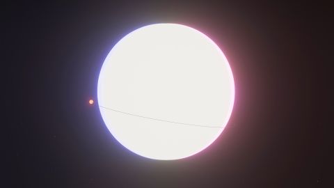 An illustration shows just how closely the planet Janssen (left), depicted as an orange dot, orbits its host star Copernicus.