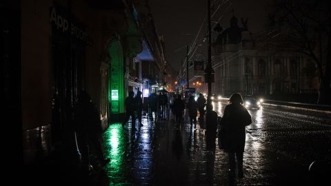 Amid a power outage in the western city of Lviv on November 16, 2022, street lighting was minimal, mostly due to public transport and car headlights.