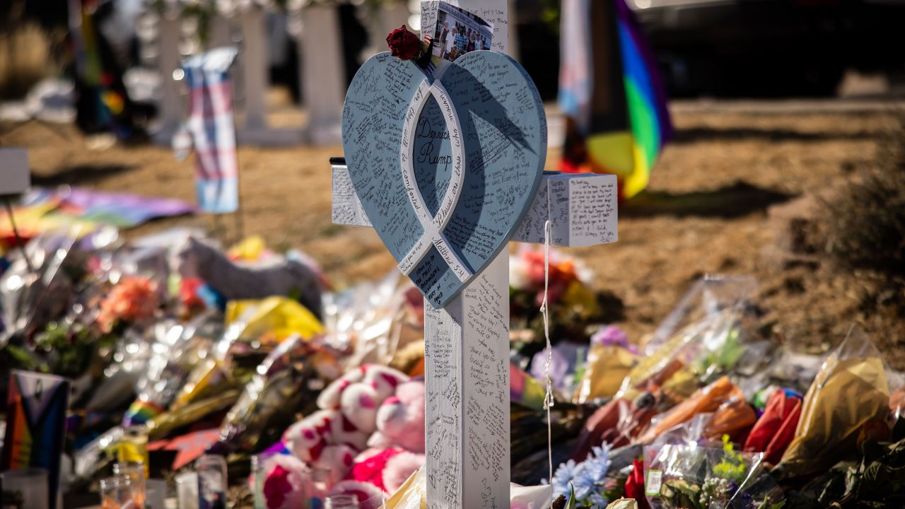 A memorial stands outside Club Q on November 22, 2022, in Colorado Springs, Colorado.