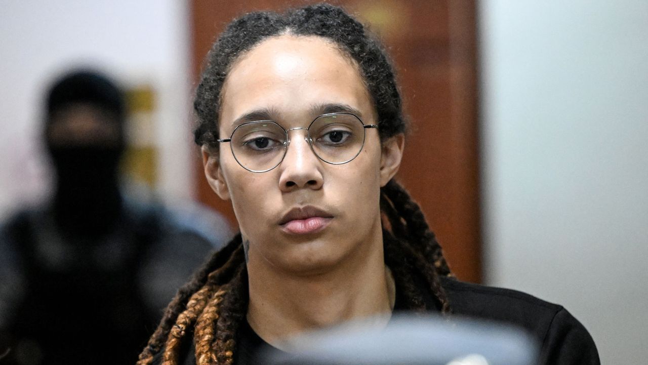 US WNBA basketball superstar Brittney Griner arrives to a hearing at the Khimki Court, outside Moscow on July 27, 2022. - Griner, a two-time Olympic gold medallist and WNBA champion, was detained at Moscow airport in February on charges of carrying in her luggage vape cartridges with cannabis oil, which could carry a 10-year prison sentence. (Photo by Kirill KUDRYAVTSEV / AFP) (Photo by KIRILL KUDRYAVTSEV/AFP via Getty Images)