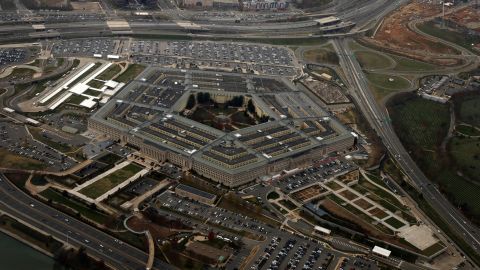 The Pentagon is seen from a flight taking off from Ronald Reagan Washington National Airport on November 29, 2022 in Arlington, Virginia. The Pentagon is the headquarters of the U.S. Department of Defense and the world's largest office building. 